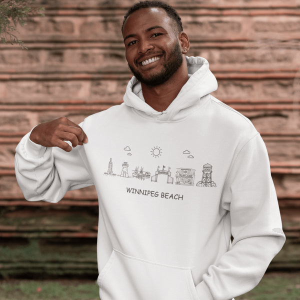 Show off your lake town pride with this cozy Winnipeg Beach Landmark Doodle Hoodie. Featuring a charming, hand-drawn skyline of iconic Winnipeg Beach sights.